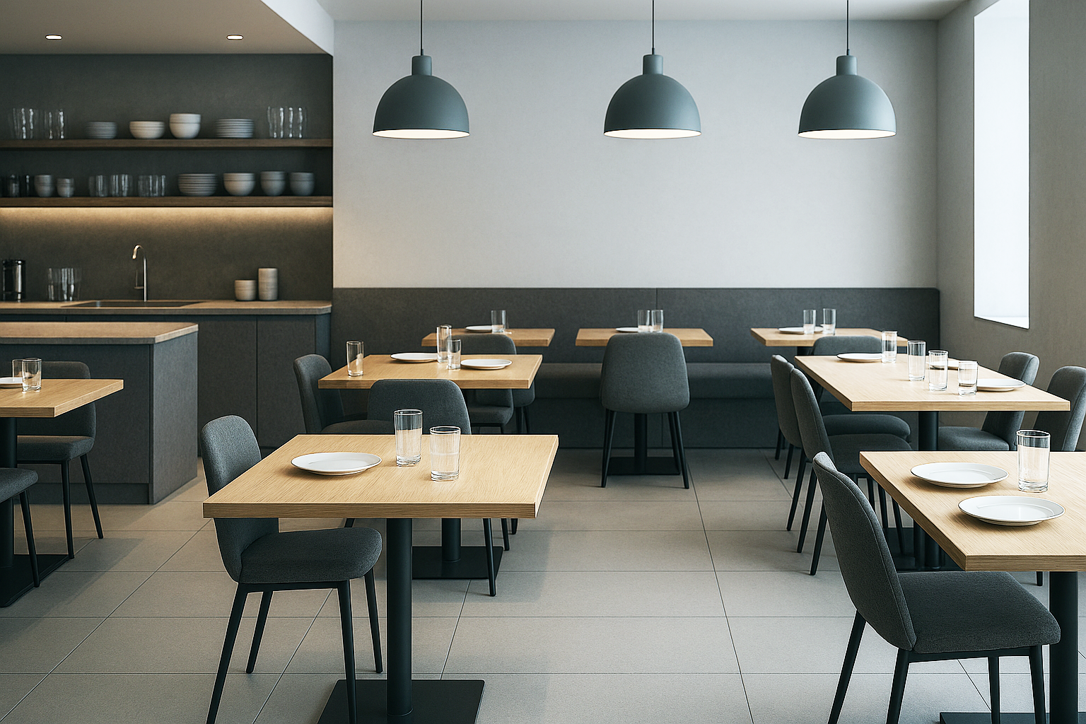 Ein modernes Restaurant, klare Formensprache, bereit für das Service mit Robotern